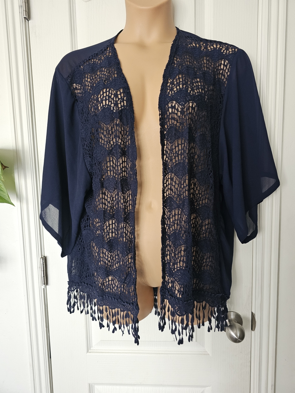 Maurices 0/1 Navy Crochet Fringe Beach Kimono
